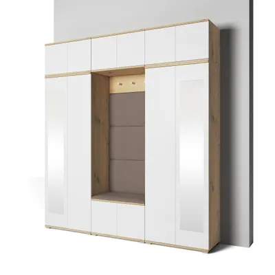 Produktbild von Garderoben-Set Aura Version 4: Kleiderschrank mit Polsterpaneelen, Hängeschrank für Flur und Eingangsbereich (Weiß / Eiche Artisan/Trinity 06)