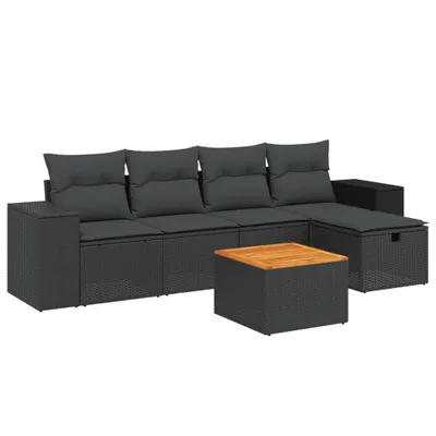 Image de ensemble de salon de jardin 6 pièces avec coussins Noir Poly Rattan