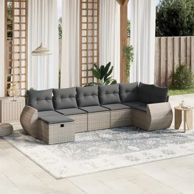 Produktbild von Design 7-tlg. Garten-Sofagarnitur mit Kissen Grau Poly Rattan, Gartenmöbel-Sets 2024 Neu