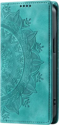 A teal flip case cover for a Samsung Galaxy A05s 4G phone, featuring a mandala pattern embossed on the front.