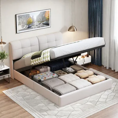 Immagine prodotto di Letto imbottito matrimoniale 160 x 200 cm con illuminazione a LED, letto contenitore funzionale con testiera con vano contenitore-beige