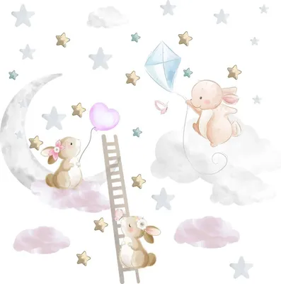 Produktbild von Wandtattoo Kaninchen, Sterne, mit umweltfreundlichen, geruchsneutralen Druckfarben - Wandsticker, Wandaufkleber Kinder 170 x 300 cm