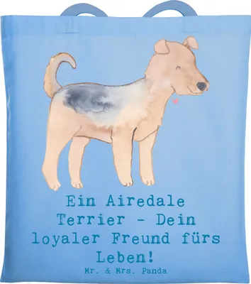 Produktbild von Mr. & Mrs. Panda Tote Bag Airedale Terrier - Sky Blue - Geschenk, Abenteuer, Unitasche, Laptoptasche, Hunderassen, dokumententasche, Shopping Tasche, Hunde, Jagdhund