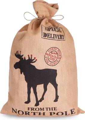 A burlap sack with a moose silhouette and Christmas-themed text.