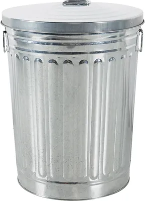 A silver galvanized metal trash can with a lid.