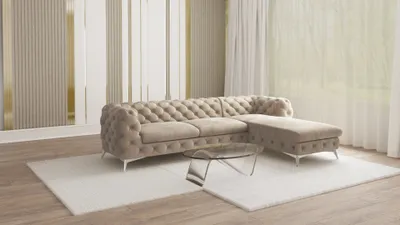 Produktbild von S-STYLE MÖBEL - Chesterfield Ecksofa Cleo mit Ottomane rechts und Silber Metall Füßen, aus Dunkle Creme Samtstoff, B/T/H: 305 cm/ 200 cm/ 75 cm