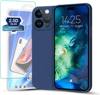 A blue iPhone case and screen protector are displayed against a white background.