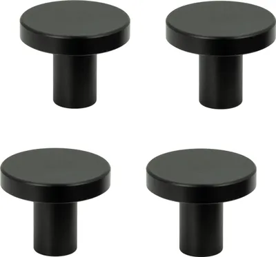 Image de lot de 4 boutons de meubles ronds et noirs en aluminium, surface mate, diamètre de 2,5 cm, idéal pour les armoires et les commodes, montage facile, vis incluses.