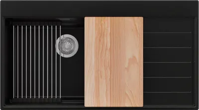 Produktbild von PRIMAGRAN Spülbecken Schwarz 90x50cm, Granitspüle 1 Becken + Ablauf-Set + Küchenzubehörset, Küchenspüle ab 60er Unterschrank - Sydney