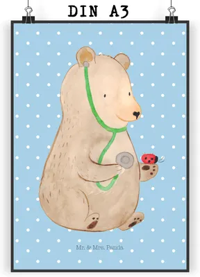 Produktbild von Mr. & Mrs. Panda Bild Bär Arzt DIN A3 - Blau Pastell - Geschenk, wanddeko, drucke, Plakat, Professorin, Teddy, Wandbild, Doktor, Kunstdruck, Professor, Ärztin