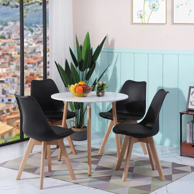 Obrázek produktu pro HJ_WeDoo Jídelní stůl kulatý bílý se 4 jídelními židlemi černý - Skandinávský set 80×80×70 cm