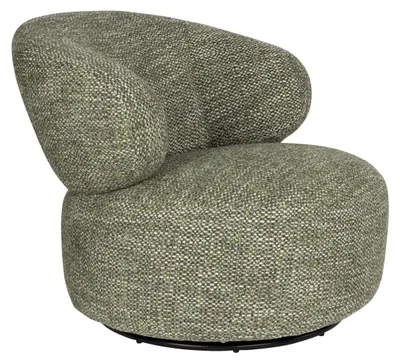 Loungesessel Walter in Grün mit gebogener Rückenlehne und rundem drehbarem Gestell, Gesamtansicht.