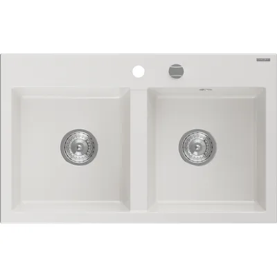 Zdjęcie produktu dla Mexen Hektor zlewozmywak granitowy 2-komorowy 800 x 480 mm, biały, syfon chrom - 6521802000-20