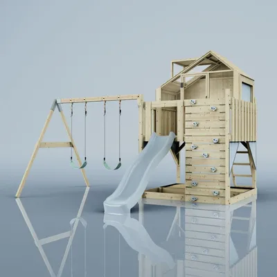 Produktbild von OutdoorToys Spielturm mit Spielhaus inkl. Wellenrutsche und 2x Kinder-Schaukel, Outdoor Klettergerüst Garten, Ausführung: Kinderschaukel, Farbe: Eisblau, mit Kinderschaukel