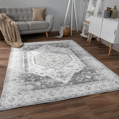 Produktbild von Teppich Wohnzimmer Kurzflor Rutschfest Weich Orientalisch Bordüre Ornament Grösse 60x100 cm