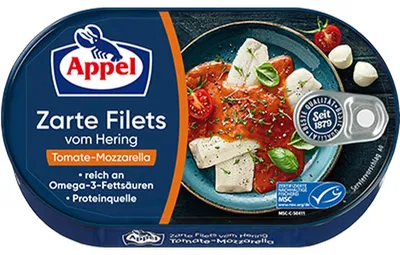 Zdjęcie produktu dla Filety śledziowe Appel w sosie pomidorowym z mozzarellą i bazylią 200g