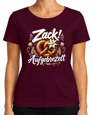 Produktbild von Zack! Aufgebrezelt Bayern Brezel Wiesn Trachtenshirt Lederhose Damen T-Shirt, Burgundy, S