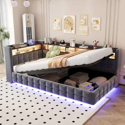 Obrázek produktu pro Polstrovaná postel 90x200 cm, rozkládací pohovka s LED osvětlením, zásuvkou, USB-C porty, dřevěnými policemi, hydraulickým úložným prostorem pod postelí a lamelovým roštem, tmavě šedá sametová látka