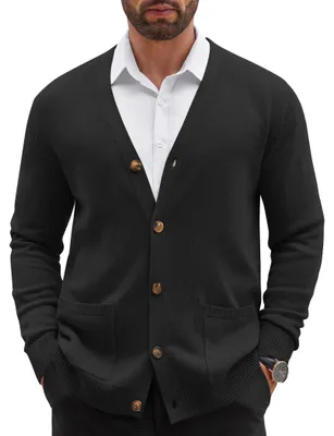 Imagen del producto de Cárdigan de punto para hombre, cuello en V con botones y bolsillos delanteros, color negro