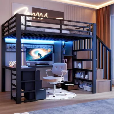 A loft bed with a desk and storage stairs in a bedroom setting.