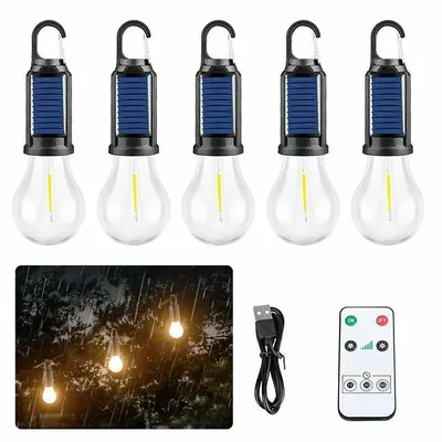 Produktbild von LED-Zeltlampen 5er-Set, Campinglampen, USB- und solarbetrieben, hängende Outdoor-Lichter mit Haken, warmweißes Licht
