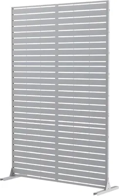 Productafbeelding van Metaal privacy scherm, 183 cm – Vrijstaand scheidingswand voor balkon, terras en binnenruimte – Decoratief stalen privacy scherm met voet – Wit, lamellen design