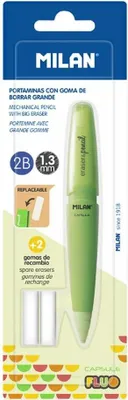 Productafbeelding van Milan blisterverpakking, fluorescerende potlood 2B + 2 reservegummetjes, transparant. Transparant, one size