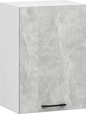 A close-up studio shot of a kitchen cabinet with a concrete-look front and a black handle.