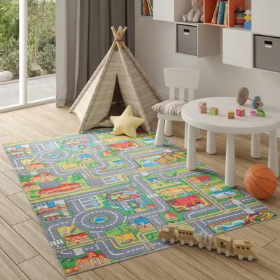 Produktbild von Teppich Kinderzimmer Bunt Grün Grau Straßenteppich 140 x 200 cm