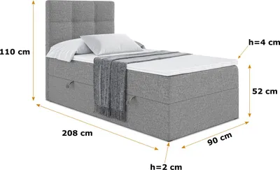 Produktbild von ALTDECOR Boxspringbett mit H3 Matratze und Topper - 90x200 cm - MARCE - Grau Gewebe - Rechts Öffnung - Polsterbett mit Bettkasten und Lattenrost, Bett mit Stauraum