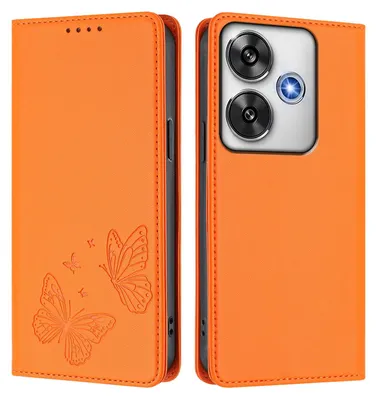 Obrázek produktu pro Kožené pouzdro pro Xiaomi Poco F6, motýlí ražbou, peněženkové flip pouzdro se stojánkem Oranžová