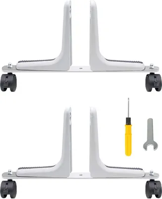 Two sets of white and gray stands for infrared heaters, with a screwdriver and wrench shown in the lower right.
