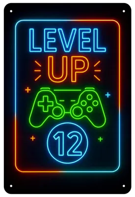 Produktbild von Blechschild 20x30cm Level Up 12 Gaming Geburtstag Neon Controller Motiv Metallschild Gamer Deko Kinderzimmer Geschenk AstraDesign
