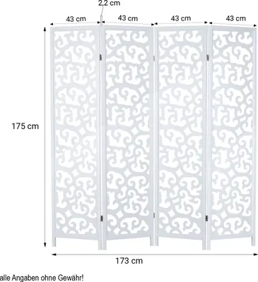 Produktbild von Homestyle4u Paravent Raumteiler 4 teilig Kiefer Holz Ornamente Weiß Indoor