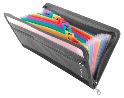Produktbild von Fächermappe A5 mit 13 Fächern, Reißverschluss, Fronttasche, bunte Etiketten, PP-Material