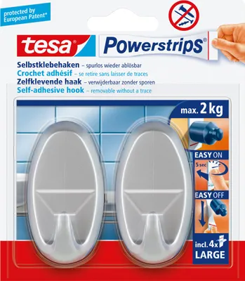 Produktbild von tesa Powerstrips Haken Large OVAL - Selbstklebender Wandhaken für Glas, Kacheln, Holz, Kunststoff und andere Untergründe - Matt-Chrom