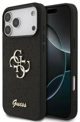 Obrázok produktu pre GuessPolyuretánpevný trblietavý kryt s kovovým logom 4G pre iPhone 18 Pro Max, čierny (57983131396)