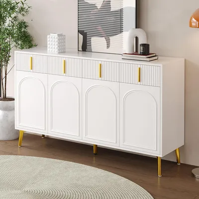 Image de OKWISH Buffet Moderne avec 4 Portes et 4 Tiroirs, Tablettes Réglables pour Salon et Salle à Manger, MDF 140x37,8x82 cm, Blanc