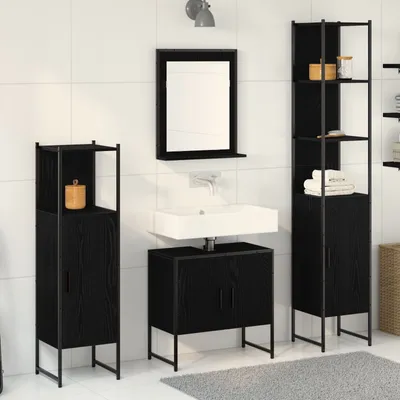 Produktbild von 4-teiliges Badezimmermöbel Set in schwarzer Eiche - Holzwerkstoff, Badezimmerschränke DesignMöbel Neu
