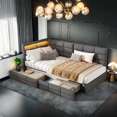 Obrázok produktu pre Posteľ 90x200 cm v sivej látke s čelom v tvare písmena L, integrovanými LED diódami, nabíjacími portami a zásuvkou na nohách