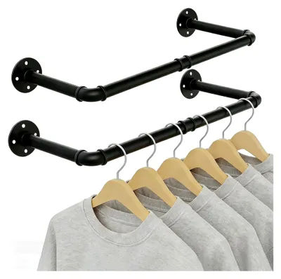 Produktbild von Kleiderstangen für die Wand im 2er Set, 92 cm, Industrieller Rohr Kleiderständer zur Wandmontage, Platzsparend und Robuster Kleiderbügel für Flur, Garderobe und Schlafzimmer, Schwarz