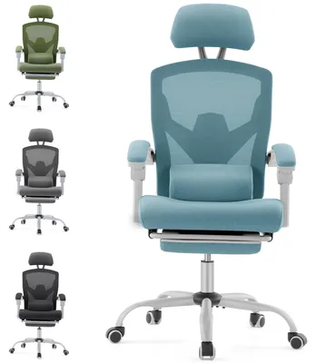 Imagen del producto de Silla de oficina ergonómica con reposabrazos, soporte lumbar y reposapiés, giratoria, apta para adultos y niños