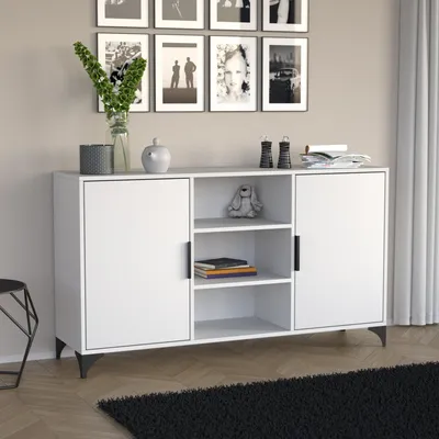 Produktbild von BEAUTYSOFA Kommode HOME 150cm in Weiß, 2-türiges Sideboard mit drei offenen Regalfächern, Griffen und Metallbeinen, Anrichte für Wohnzimmer & Flur