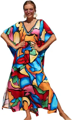 Productafbeelding van Dames kaftan maxi-jurk met V-hals, losse boho-pasvorm en bloemenprint, geschikt als strandponcho of cover-up