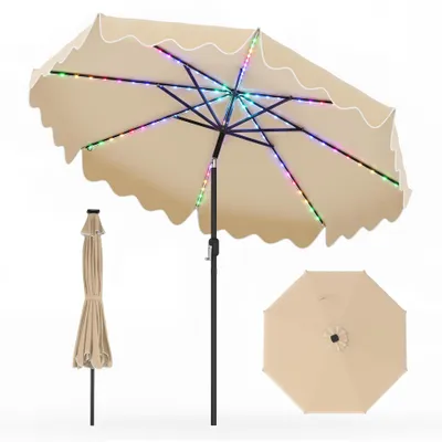 Image de Parasol COSTWAY de 270 cm avec LED multicolores, 12 modes d'éclairage, parasol de jardin inclinable de 30° de chaque côté, parasol de terrasse avec manivelle et volant, couleur beige