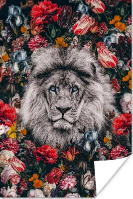 Produktbild von MuchoWow® Poster Löwe - Profil - Blumen 80x120 cm - Papierdruck