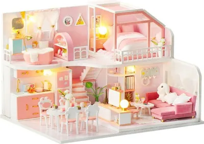Zdjęcie produktu dla Habarri | Miniaturowy Domek - DIY Domek dla Lalek - Drewniany Domek z Meblami i Oświetleniem LED - Prezent dla Dzieci - Różowa Chmurka