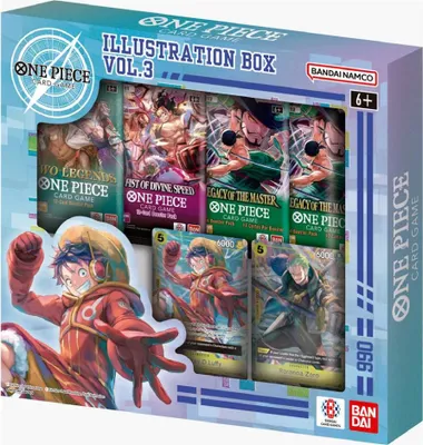 A box containing One Piece card game illustration packs and cards.