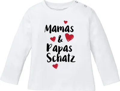 Produktbild von Baby Langarm T-Shirt Mama's und Papa's Schatz Babyshirt Spruch Bio Baumwolle Longsleeve Jungen Mädchen Shirt Moonworks® weiß 80/86 (10-15 Monate)