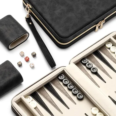 Zdjęcie produktu dla Zestaw backgammon czarny, składana plansza, gra podróżna, do gry